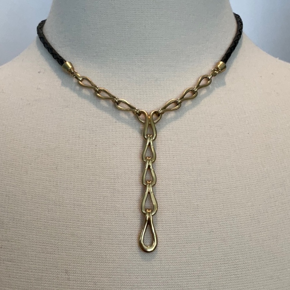 Vintage Monet Gold Tone Braided Black Leather Y Necklace